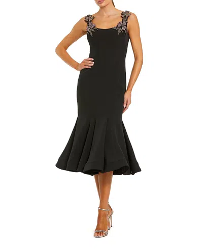 Mac Duggal Sleeveless Midi Dress With Floral Embellishments In Black