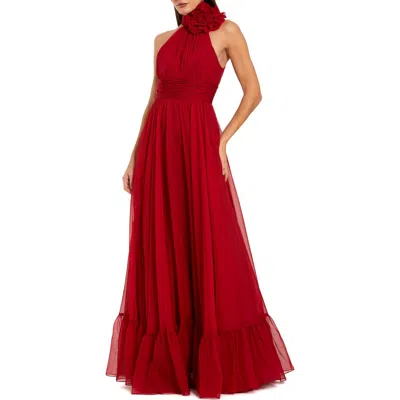 Mac Duggal Sleeveless Mock Neck Chiffon Gown With 3d Flower In White