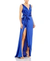 Mac Duggal Self Tie Draped Gown With Overlay Train In Blue