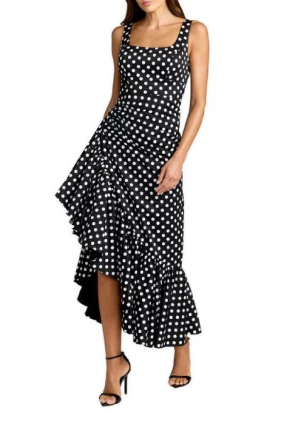 Mac Duggal Sleeveless Polka Dot Midi Dress With Ruffled Hem In Black