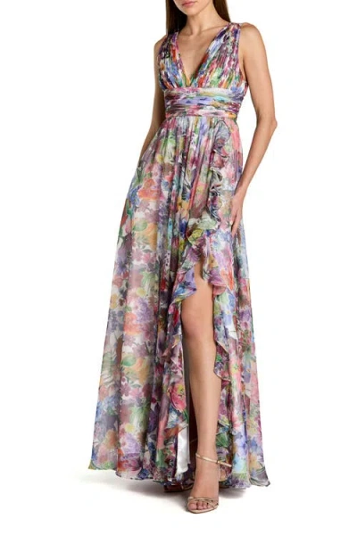 Mac Duggal Sleeveless Printed Chiffon V-neck Ruched Waist Gown In Multi
