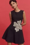 Mac Duggal Crepe Sleeveless Rhinestone Flower Detail Mini Dress In Black