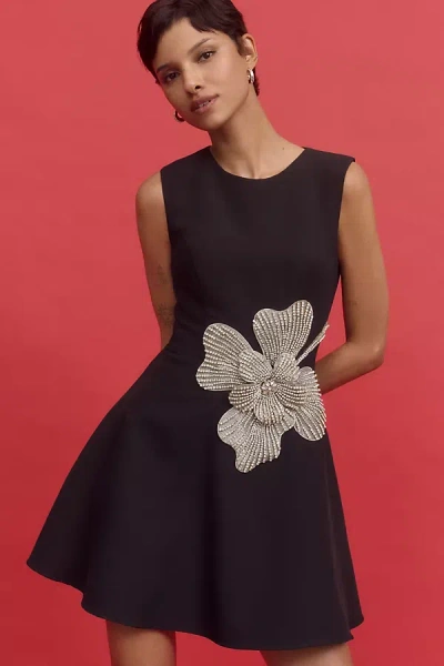 Mac Duggal Crepe Sleeveless Rhinestone Flower Detail Mini Dress In Black