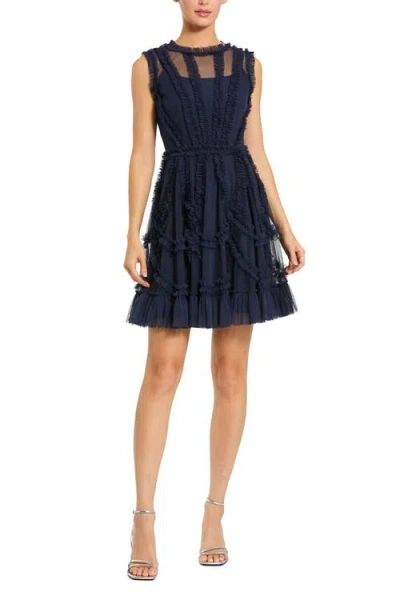 Mac Duggal Sleeveless Ruffle High Neck Mini Dress In Blue