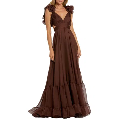 Mac Duggal Sleeveless Ruffle Tiered Cut-out Chiffon Gown In Burgundy