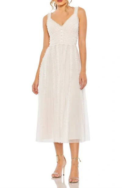 Mac Duggal Tulle V-neck Dress With Cascading Ruffles And Sleek Silhouette In White