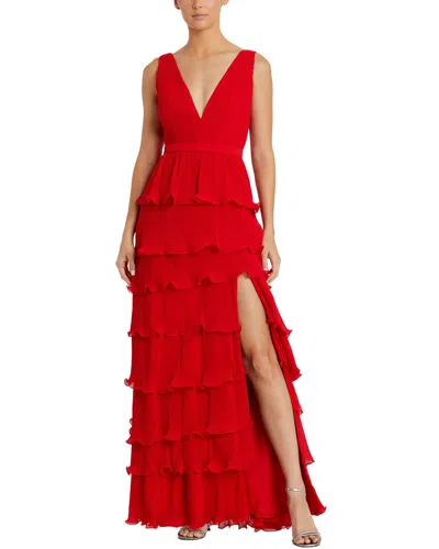 Mac Duggal Sleeveless Ruffle Tiered V Neck Gown In Red
