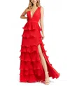 Mac Duggal Plus Size Empire Chiffon Gown With Tiered Ruffles In Red
