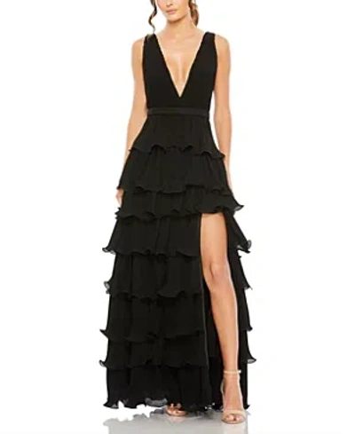 Mac Duggal Sleeveless Ruffle Tiered V Neck Gown In Black