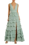Mac Duggal Sleeveless Ruffle Tiered V Neck Gown In Sage
