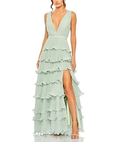 Mac Duggal Sleeveless Ruffle Tiered V Neck Gown In Sage