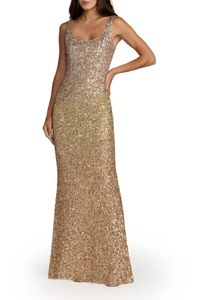 Mac Duggal Sleeveless Scoop Neck Beaded Column Gown In Brown