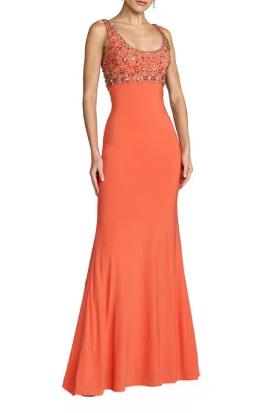 Mac Duggal Sleeveless Scoop Neck Embellished Jersey Gown In Orange