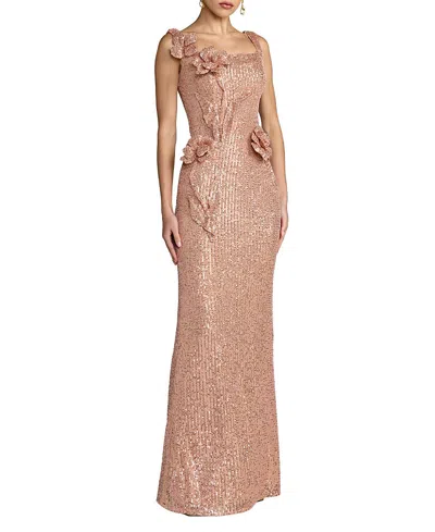 Mac Duggal Sleeveless Sequin Column Gown With 3d Flowers In Brown