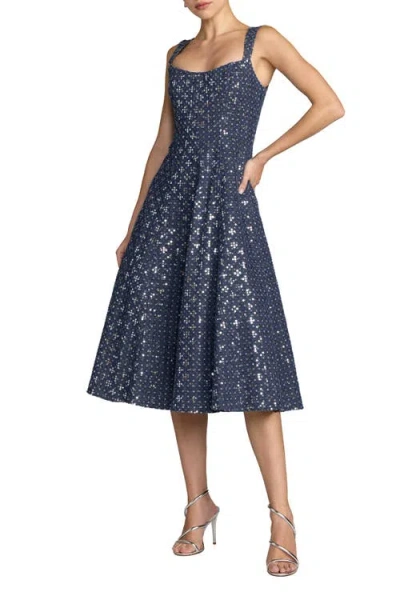 Mac Duggal Sleeveless Sequin Denim Midi Dress In Blue