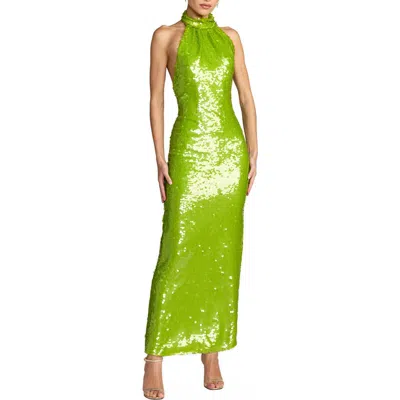 Mac Duggal Sleeveless Sequin Halter Cowl Back Ankle Dress In Green