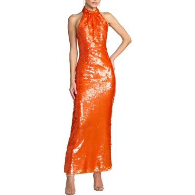Mac Duggal Sleeveless Sequin Halter Cowl Back Ankle Dress In Orange