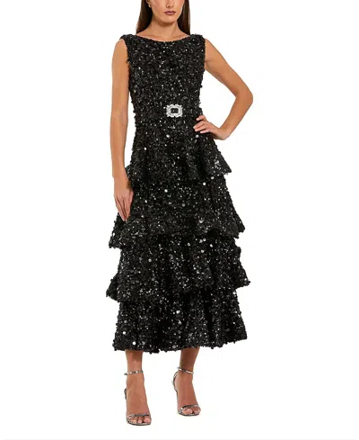 MAC DUGGAL SLEEVELESS SEQUIN RUFFLE MIDI DRESS WITH BELT