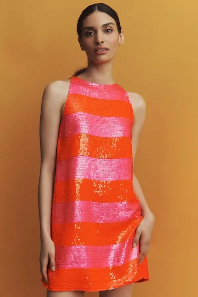 Mac Duggal Sleeveless Sequin Striped Mini Dress In Pink