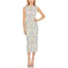 Mac Duggal Sleeveless Sequined High Neck Tea Length Dress In Ivory Multi
