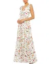 Mac Duggal Floral Print Sleeveless Soft Tie Shoulder Gown In White