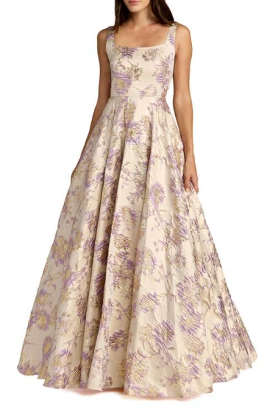 Mac Duggal Sleeveless Square Neck Brocade Ball Gown In Multi