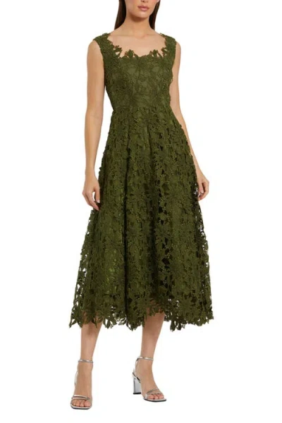 Mac Duggal Sleeveless Square Neck Lace A-line Midi Dress In Green