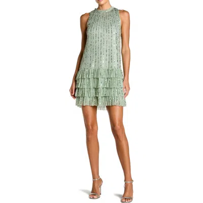 Mac Duggal Sleeveless Striped Sequin Tiered Ruffle Mini Dress In Green