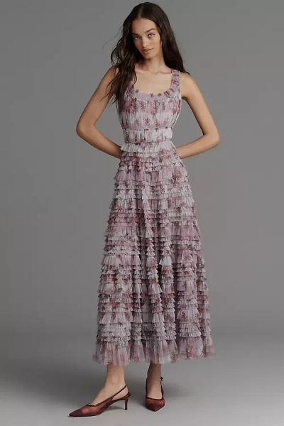 Mac Duggal Sleeveless Tiered Ruffle Floral Midi Dress In Multi