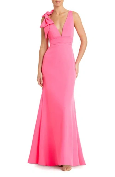 Mac Duggal Bow Shoulder V-neck Gown In Candy Pink