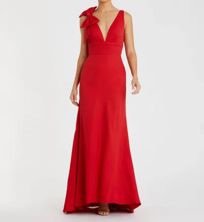 Mac Duggal Sleeveless V Neck Bow Detail Mermaid Gown In Red