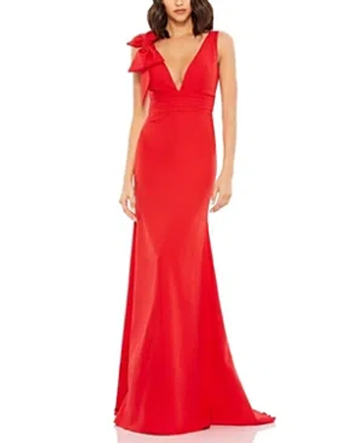 Mac Duggal Sleeveless V Neck Bow Detail Mermaid Gown In Red