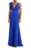 Mac Duggal Bow Shoulder V-neck Gown In Royal Blue