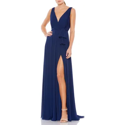 Mac Duggal Sleeveless V-neck Chiffon Gown In Midnight