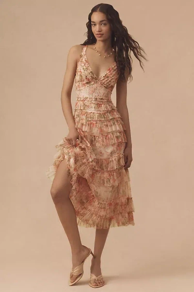 Mac Duggal Sleeveless V-neck Floral Mesh Ruffle Midi Dress
