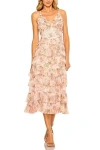 Mac Duggal Sleeveless V Neck Floral Mesh Ruffle Midi Dress In Blush Multi