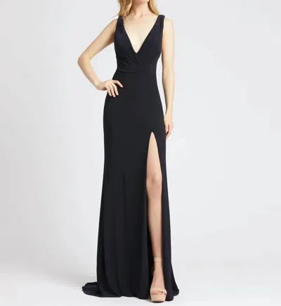 Mac Duggal Sleeveless V Neck Jersey Evening Gown In Midnight Blue