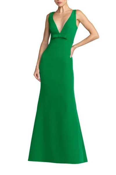 Mac Duggal Sleeveless V Neck Mermaid Gown With Bow In Animal Print