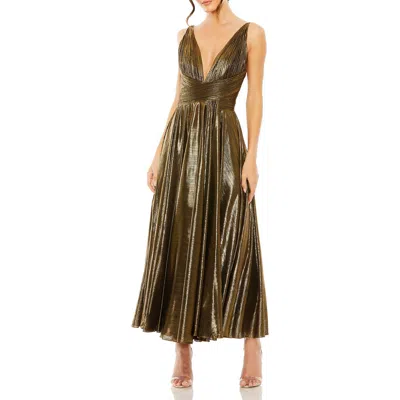 MAC DUGGAL MAC DUGGAL SLEEVELESS V NECK PLEATED TOP METALLIC DRESS