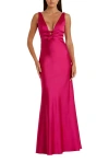 Mac Duggal Sleeveless V Neck Satin Gown With Bow Details In Raspberry