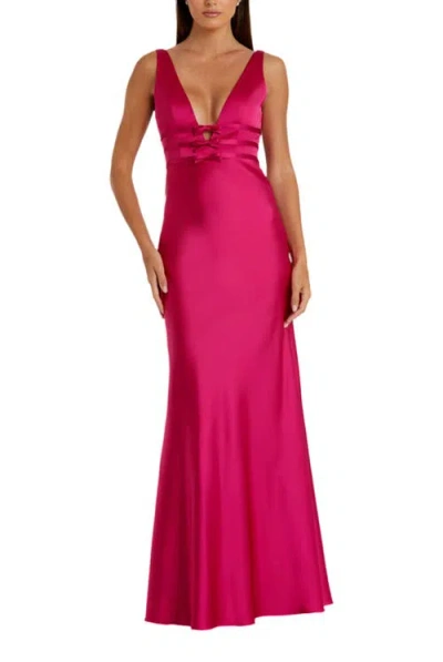 Mac Duggal Sleeveless V Neck Satin Gown With Bow Details In Raspberry
