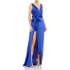 Mac Duggal Self Tie Draped Gown With Overlay Train In Blue