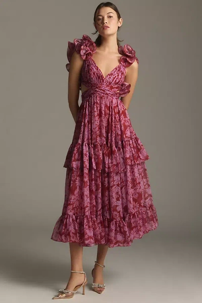 Mac Duggal Sleeveless V-neck Tiered Ruffled Chiffon Midi Dress In Pink