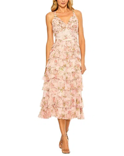 Mac Duggal Sleeveless V Neck Floral Mesh Ruffle Midi Dress In Blush Multi