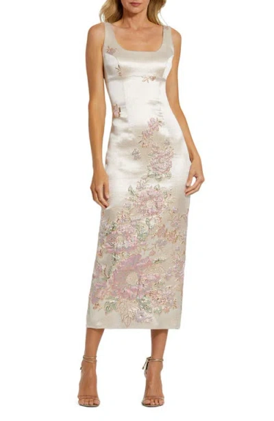 Mac Duggal Slim Strap Scoop Neck Bustier Brocade Midi Dress In Champagne Multi