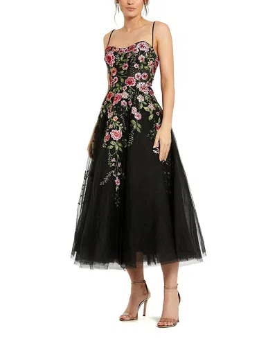 Mac Duggal Slim Strap Sheer Bustier Embroidered Dress In Black
