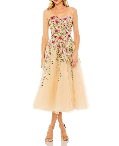 Mac Duggal Slim Strap Sheer Bustier Embroidered Dress In Pink