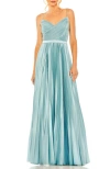 Mac Duggal Pleated Satin Charmeuse Dress With Surplice Neckline In French Blue