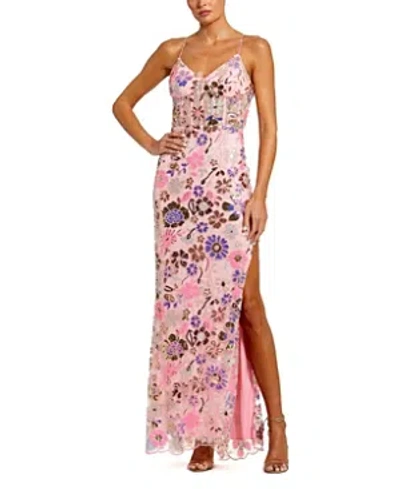 Mac Duggal Slit Detail Spaghetti Strap Bustier Applique Gown In Pink Multi