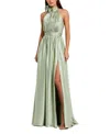 Mac Duggal Soft Tie Halter Neck High Slit Gown In Green